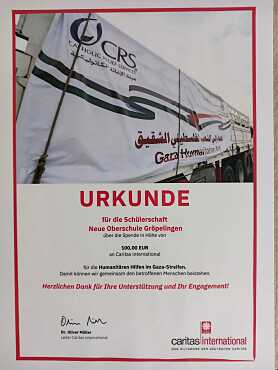 Urkunde für Gaza Spendenaktion der 7a