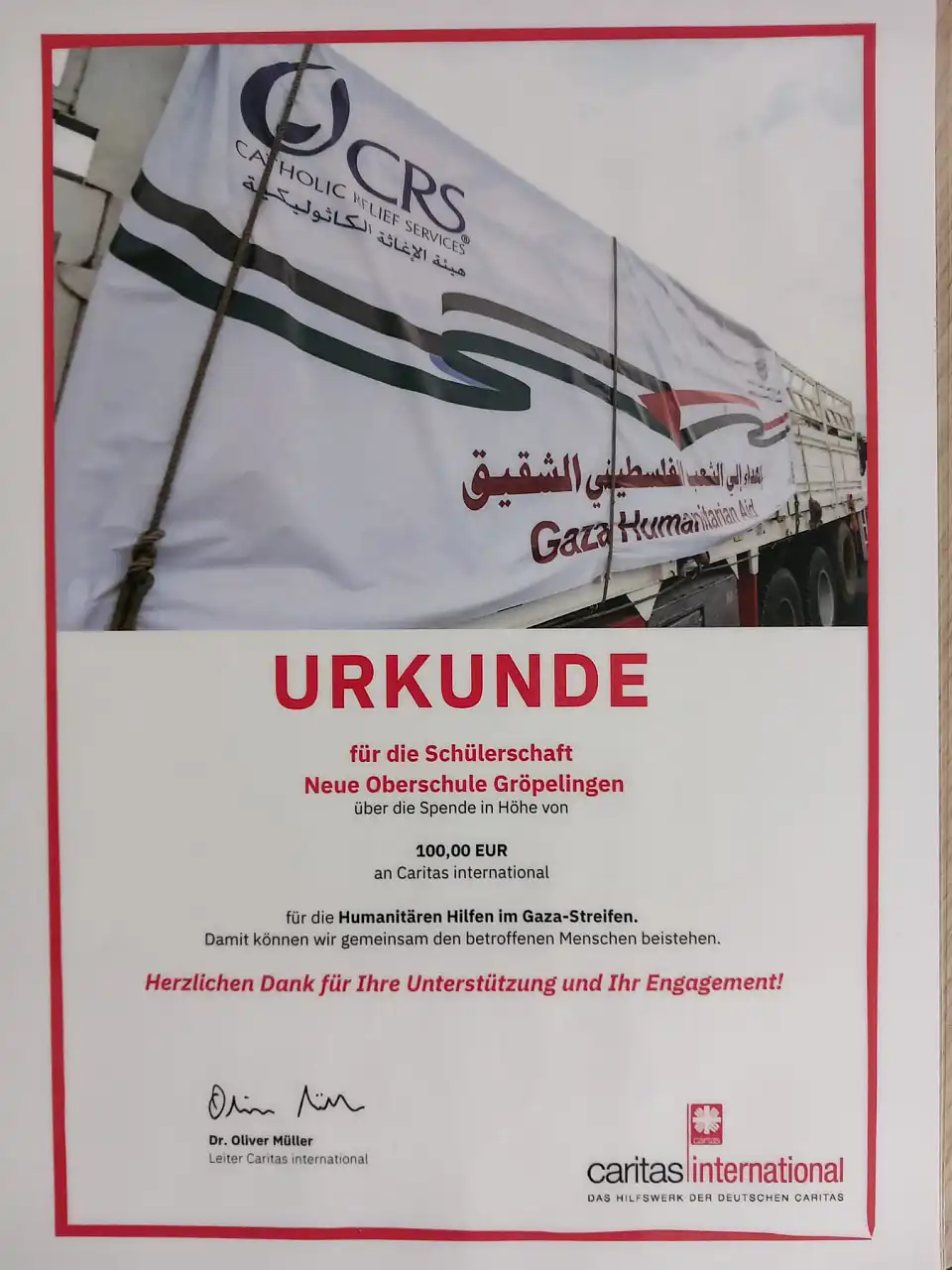 Urkunde f&uuml;r Gaza Spendenaktion der 7a