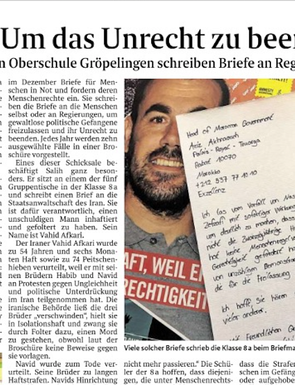 Unrecht beenden - Zisch-Artikel zum Briefmarathon der 8a